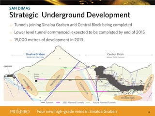 SAN DIMAS

Strategic Underground Development
o

Tunnels joining Sinaloa Graben and Central Block being completed

o

Lower level tunnel commenced, expected to be completed by end of 2015

o

19,000 metres of development in 2013
Sinaloa Graben

Central Block

2013 EXPLORATION

Mined 2002-Current

Sinaloa
Graben
Tunnel

DELINEATION
Tunnels

2013 Planned Tunnels

Future Planned Tunnels

Four new high-grade veins in Sinaloa Graben

14

 