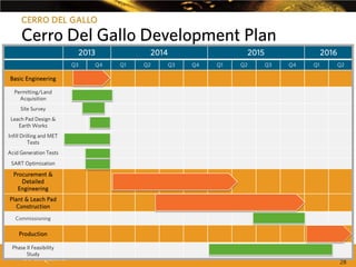 CERRO DEL GALLO

Cerro Del Gallo Development Plan
2013
Q3

Q4

2014
Q1

Q2

2015
Q3

Q4

Q1

Q2

2016
Q3

Q4

Q1

Q2

Basic Engineering
Permitting/Land
Acquisition
Site Survey
Leach Pad Design &
Earth Works
Infill Drilling and MET
Tests
Acid Generation Tests
SART Optimization

Procurement &
Detailed
Engineering
Plant & Leach Pad
Construction
Commissioning

Production
Phase II Feasibility
Study

28

 