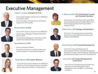 Executive Management
Joseph F. Conway | President & C.E.O. 1
o

o

Former CEO, President and Director of IAMGOLD
from 2003 to 2010
Former President, CEO and Director of Repadre
Capital from 1995 to 2003

Renaud Adams | C.O.O.
o
o

o

Former SVP, American Operations for IAMGOLD
Former General Manager of Rosebel Gold Mine
2007 to 2010
Former General Manager El Toqui Mine in Chile
and then the El Mochito Mine in Honduras

David Blaiklock | C.F.O.
Former controller IntraWest
Previously controller for a number of public and
private companies in real estate development

o
o

Tamara Brown | VP, Investor Relations
o

Former Director Investor Relations for IAMGOLD;
Partner of a Toronto based, boutique investment
bank; Professional engineer in mining industry

H. Maura Lendon | VP, Chief General Counsel
and Corporate Secretary
Former Senior Vice President, Chief Legal Officer
and Corporate Secretary of HudBay Minerals Inc.;
Chief Counsel Canada, Chief Privacy Officer Canada of AT&T

o

Gabriel Voicu | VP, Geology and Exploration
25 Years of mining experience, formerly held
senior technical and exploration positions with
Cambior and IAMGOLD

o

David Sandison | VP, Corporate Development

Former VP, Corporate Development of
Clarity Capital ; Director, Corporate Development
Xstrata Zinc Canada ; Director Business Development,
Noranda/Falconbridge; Former EVP, Noranda Chile

o

Louis Toner | VP, Project Development &
Construction
o

Over 30 Years of Engineering and Construction
experience, formerly held Senior Project
Management roles with BBA Inc. and Lafarge
Canada Inc.

31

 
