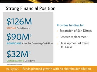 Strong Financial Position

$126M
STRONG Cash Balance

$90M

o

3

SIGNIFICANT After Tax Operating Cash Flow

$32M

Provides funding for:
Expansion of San Dimas

o

Reserve replacement

o

Development of Cerro
Del Gallo

4

CONSERVATIVE Debt Level
See final slide for footnotes.

Funds planned growth with no shareholder dilution

5

 
