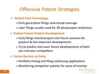 Offensive Patent Strategies
25
 Protect Core Technology:
 Early generation filings seek broad coverage
 Later filings usually used for 3D photocopier protection
 Protect Future Product Development:
 Early filings should project into future avenues for
product & line extension developments
 Try to predict and cover future developments of both
you and your competitors
 Create Barriers to Entry:
 Portfolio mining and filing continuing applications
 Monitoring competitor patents for areas of overlap
 