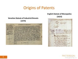 5 September 4, 2014
5
Origins of Patents
Venetian Statute of Industrial Brevets
(1474)
English Statute of Monopolies
(1623)
 