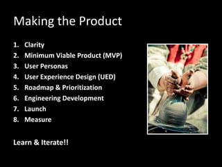 Building the Product
1. Clarity
2. Minimum Viable Product (MVP)
3. User Personas
4. User Experience Design (UED)
5. Roadma...