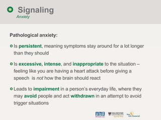 Signaling
  Anxiety



Pathological anxiety:

 Is persistent, meaning symptoms stay around for a lot longer
 than they sho...