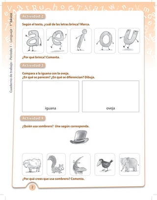 22
Cuadernodetrabajo-Período1-Lenguaje-1°básico
Compara a la iguana con la oveja.
¿En qué se parecen? ¿En qué se diferencian? Dibuja.
¿Quién usa sombrero? Une según corresponda.
¿Por qué crees que usa sombrero? Comenta.
Actividad 2
Actividad 3
Actividad 4
iguana oveja
Según el texto, ¿cuál de las letras brinca? Marca.
¿Por qué brinca? Comenta.
 