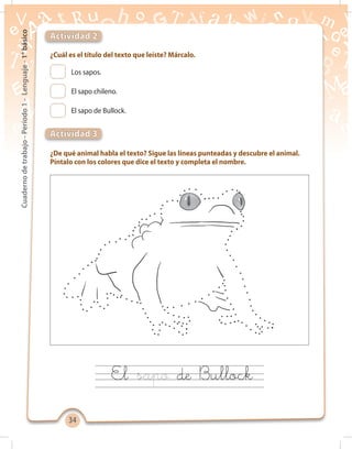 3434
Cuadernodetrabajo-Período1-Lenguaje-1°básico
¿Cuál es el título del texto que leíste? Márcalo.
¿De qué animal habla el texto? Sigue las líneas punteadas y descubre el animal.
Píntalo con los colores que dice el texto y completa el nombre.
Actividad 2
Actividad 3
Los sapos.
El sapo chileno.
El sapo de Bullock.
El de Bullock
 