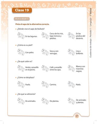 37
Cuadernodetrabajo-Período1-Lenguaje-1°básico
Clase 19
Pinta el sapo de la alternativa correcta.
Actividad 1
l	
l	 ¿Cómo es su piel?
l	 ¿De qué color es?
l	 ¿Cómo se desplaza?
l	 ¿De qué se alimenta?
En las lagunas.
Con pelos.
Verde y amarillo
en el pecho.
Vuela.
De animales.
Cerca de los ríos,
bajo troncos y
piedras.
Seca y con
verrugas.
Café y amarillo
entre los ojos.
Camina.
De plantas.
En las
piedras del
desierto.
Lisa y
brillante.
Blanco con
manchas
negras.
Nada.
De animales
y plantas.
 