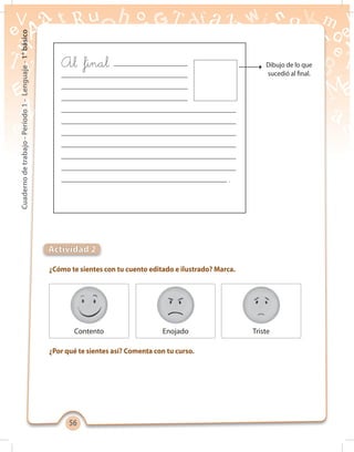5656
Cuadernodetrabajo-Período1-Lenguaje-1°básico
¿Cómo te sientes con tu cuento editado e ilustrado? Marca.
¿Por qué te sientes así? Comenta con tu curso.
Actividad 2
Contento Enojado Triste
Al final
.
Dibujo de lo que
sucedió al final.
 