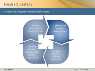 Focused Strategy
Become a Leading Intermediate Gold Producer




                          Deliver               Optimize and
                      operational and              expand
                      financial results        existing mine/s




                      Diversify
                       through
                    opportunistic,             Increase
                      accretive                Reserves
                     acquisitions              through
                                              exploration



                                                                 TSX:P | NYSE:PPP   12
 