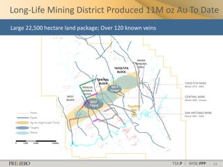 Long-Life Mining District Produced 11M oz Au To Date
Large 22,500 hectare land package; Over 120 known veins




                                                                ARANA
                                                               HANGING
                                                   TAYOLTITA     WALL
                                                     BLOCK

                                       CENTRAL
                                        BLOCK                                 TAYOLTITA MINE
                             SINALOA             2012                         Mined 1975 - 2002
                             GRABEN              Target
                              BLOCK
                     WEST                                                      CENTRAL MINE
                     BLOCK                                                     Mined 2002 - Present
                                 2012
                                 Target

                                                                              SAN ANTONIO MINE
                                                                              Mined 1987 - 2002




                                                                         TSX:P | NYSE:PPP             14
 