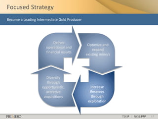 Focused Strategy
Become a Leading Intermediate Gold Producer




                          Deliver
                                               Optimize and
                      operational and
                                                  expand
                      financial results
                                              existing mine/s




                      Diversify
                       through
                    opportunistic,              Increase
                      accretive                 Reserves
                     acquisitions               through
                                               exploration


                                                                TSX:P | NYSE:PPP   17
 