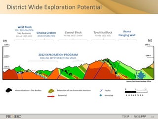 District Wide Exploration Potential

             West Block
           2012 EXPLORATION
                                 Sinaloa Graben             Central Block                 Tayoltita Block         Arana
             San Antonio
            Mined 1987-2002       2012 EXPLORATION          Mined 2002-Current             Mined 1975-2002     Hanging Wall
SW                                                                                                                                                 NE
3,000 m.                                                                                                                                       3,000 m.




2,000 m.                           2012 EXPLORATION PROGRAM                                                                                     2,000 m.
                                    DRILLING BETWEEN EXISTING MINES


1,000 m.                                                                                                                                        1,000 m.




                                                                                                                       Source: San Dimas Geology Office



                                                                                                                   0              1            2
           Mineralization – Ore Bodies               Extension of the Favorable Horizon            Faults

           Favorable Horizon                         Potential                                     Intrusive        K I L O M E T E R S




                                                                                                                 TSX:P | NYSE:PPP                         18
 