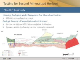 Testing for Second Mineralized Horizon
 “Blue-Sky” Opportunity

Historical Geological Model Recognized One Mineralized Horizon
   300-600 metres of vertical extent
Geologic Concept of Second Mineralized Horizon
   Running parallel and 150-200 metres below first horizon
   If proven, would significantly increase exploration potential




                                                                    TSX:P | NYSE:PPP   22
 