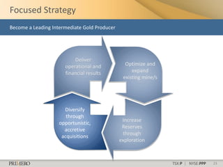 Focused Strategy
Become a Leading Intermediate Gold Producer




                          Deliver
                      operational and           Optimize and
                      financial results            expand
                                               existing mine/s




                      Diversify
                       through
                                               Increase
                    opportunistic,
                                               Reserves
                      accretive
                                               through
                     acquisitions
                                              exploration



                                                                 TSX:P | NYSE:PPP   23
 