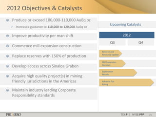2012 Objectives & Catalysts
   Produce or exceed 100,000-110,000 AuEq oz
                                                                  Upcoming Catalysts
       Increased guidance to 110,000 to 120,000 AuEq oz

   Improve productivity per man shift                                        2012
                                                                   Q3                    Q4
   Commence mill expansion construction
                                                           Reserve and
                                                           Resource Update
   Replace reserves with 150% of production
                                                           Mill Expansion
                                                           Decision
   Develop access across Sinaloa Graben
                                                           Exploration
                                                           Results
   Acquire high quality project(s) in mining
    friendly jurisdictions in the Americas                 Advance Tax
                                                           Ruling

   Maintain industry leading Corporate
    Responsibility standards



                                                                             TSX:P | NYSE:PPP   25
 
