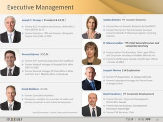 Executive Management
    Joseph F. Conway | President & C.E.O. 1                          Tamara Brown | VP Investor Relations

       Former CEO, President and Director of IAMGOLD                   Former Director Investor Relations for IAMGOLD
        from 2003 to 2010                                               Former Partner of a Toronto based, boutique
       Former President, CEO and Director of Repadre                    investment bank; Professional engineer in mining
        Capital from 1995 to 2003                                        industry

                                                                     H. Maura Lendon | VP, Chief General Counsel and
                                                                                       Corporate Secretary

                                                                        Former Senior Vice President, Chief Legal Officer
    Renaud Adams | C.O.O.                                                and Corporate Secretary of HudBay Minerals Inc.
                                                                        Former Chief Counsel Canada, Chief Privacy Officer
       Former SVP, American Operations for IAMGOLD                      - Canada of AT&T
       Former General Manager of Rosebel Gold Mine
        2007 to 2010
       Former General Manager El Toqui Mine in Chile                Joaquin Merino | VP Exploration
        and then the El Mochito Mine in Honduras
                                                                        Former VP, Exploration of Apogee Minerals
                                                                        Former Exploration Manager for Placer Dome
                                                                         at Porgera Mine

    David Blaiklock | C.F.O.
                                                                     David Sandison | VP Corporate Development
       Former Controller IntraWest
       Previously controller for a number of public and                Former Director, Corporate Development
        private companies in real estate development                     Xstrata Zinc Canada
                                                                        Former Director Business Development,
                                                                         Noranda/Falconbridge
                Board Committees: 1.Health, Safety and Environment      Former EVP Noranda, Chile

                                                                                            TSX:P | NYSE:PPP             29
 