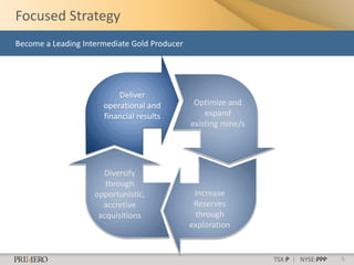 Focused Strategy
Become a Leading Intermediate Gold Producer




                          Deliver
                      operational and          Optimize and
                      financial results           expand
                                              existing mine/s




                      Diversify
                       through
                    opportunistic,             Increase
                      accretive                Reserves
                     acquisitions              through
                                              exploration


                                                                TSX:P | NYSE:PPP   5
 