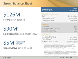Strong Balance Sheet
                                                                                                             TSX:P
                                  Exchanges                                                               NYSE:PPP

$126M                             Balance Sheet at June 30, 2012
                                  Cash2
                                  Promissory note3
                                                                                                   $126 million
                                                                                                    $45 million
Strong Cash Balance               Convertible note4                                                 $30 million
                                  Ownership
                                  Goldcorp                                                                        36%
$90M        1                     Management & insiders
                                  Institutional & float
                                                                                                                  ~3%
                                                                                                                 ~61%
Significant Operating Cash Flow   Capital Structure
                                  Shares outstanding                                                88 million
                                  Fully Diluted5                                                   105 million

$5M        Repayment
           per year3
                                  Market Cap. At July 31, 2012
                                  1.

                                  2.
                                                                                                 C$300 million
                                       Estimated five-year average after-tax operating cash flow based on a 2012 gold
                                       price of $1,600/oz and spot silver $30/oz, see Jan 17, 2012 Press Release.
                                       Reflects positive advance tax ruling, see Second Quarter 2012 Report for details of
Conservative Level of Debt        3.
                                       off balance sheet net contingent liability of $52.4 million.
                                       Goldcorp: 5 year, 6% note repaid $5M/yr with balloon payment at end of 2015.
                                       Principal prepayment equal to 50% of Excess Free Cash Flow.
                                  4.   Goldcorp: 1 year, 3% note maturing August 6, 2012. The Company has elected to
                                       repay in common shares at the greater of C$3.74 or 90% of the 5 day VWAP before
                                       August 6, 2012. A maximum of 8,422,460 shares will be issued.
                                  5.   Fully diluted shares excludes 20.8 million warrants with an exercise price of Cdn$8
                                       per share, expiring on July 20, 2015.

                                                                                TSX:P | NYSE:PPP                      9
 