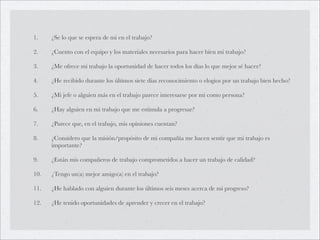 1.    ¿Se lo que se espera de mi en el trabajo?

2.    ¿Cuento con el equipo y los materiales necesarios para hacer bien mi trabajo?

3.    ¿Me ofrece mi trabajo la oportunidad de hacer todos los días lo que mejor sé hacer?

4.    ¿He recibido durante los últimos siete días reconocimiento o elogios por un trabajo bien hecho?

5.    ¿Mi jefe o alguien más en el trabajo parece interesarse por mi como persona?

6.    ¿Hay alguien en mi trabajo que me estimula a progresar?

7.    ¿Parece que, en el trabajo, mis opiniones cuentan?

8.    ¿Considero que la misión/propósito de mi compañía me hacen sentir que mi trabajo es
      importante?

9.    ¿Están mis compañeros de trabajo comprometidos a hacer un trabajo de calidad?

10.   ¿Tengo un(a) mejor amigo(a) en el trabajo?

11.   ¿He hablado con alguien durante los últimos seis meses acerca de mi progreso?

12.   ¿He tenido oportunidades de aprender y crecer en el trabajo?
 