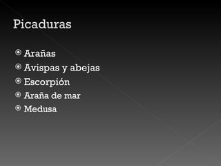 Arañas Avispas y abejas Escorpión Araña de mar Medusa 