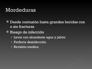 Desde contusión hasta grandes heridas con o sin fracturas Riesgo de infección Lavar con abundante agua y jabón  Perfecta desinfección  Revisión medica 