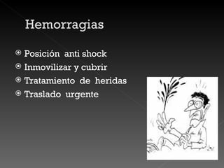 Posición  anti shock Inmovilizar y cubrir Tratamiento  de  heridas Traslado  urgente 