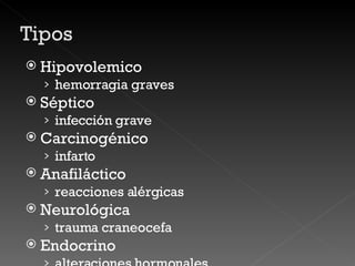Hipovolemico hemorragia graves Séptico infección grave Carcinogénico infarto Anafiláctico reacciones alérgicas Neurológica trauma craneocefa Endocrino alteraciones hormonales  