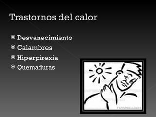 Desvanecimiento Calambres Hiperpirexia Quemaduras 