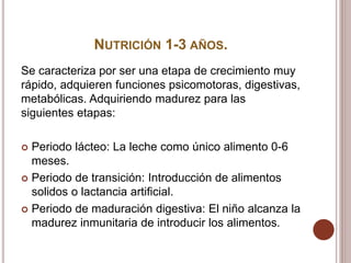 NUTRICIÓN 1-3 AÑOS.
Se caracteriza por ser una etapa de crecimiento muy
rápido, adquieren funciones psicomotoras, digestivas,
metabólicas. Adquiriendo madurez para las
siguientes etapas:
 Periodo lácteo: La leche como único alimento 0-6
meses.
 Periodo de transición: Introducción de alimentos
solidos o lactancia artificial.
 Periodo de maduración digestiva: El niño alcanza la
madurez inmunitaria de introducir los alimentos.
 