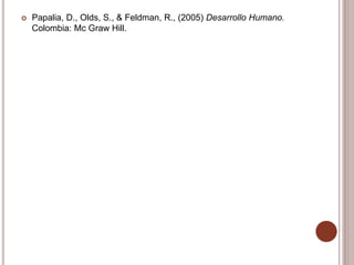 Papalia, D., Olds, S., & Feldman, R., (2005) Desarrollo Humano.
Colombia: Mc Graw Hill.
 