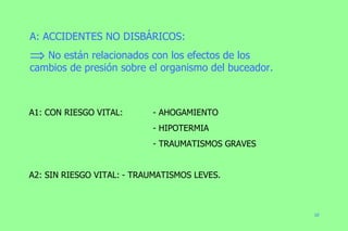 A: ACCIDENTES NO DISBÁRICOS: No están relacionados con los efectos de los cambios de presión sobre el organismo del buceador. A1: CON RIESGO VITAL:  - AHOGAMIENTO - HIPOTERMIA - TRAUMATISMOS GRAVES A2: SIN RIESGO VITAL: - TRAUMATISMOS LEVES. 