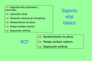 Seguridad del accidentado y  socorristas. Valoración inicial. Activación sistemas de emergencia. Mantenimiento vía aérea. Masaje cardíaco externo.  Respiración artificial. Soporte vital básico Mantenimiento vía aérea. Masaje cardíaco externo.  Respiración artificial. RCP 