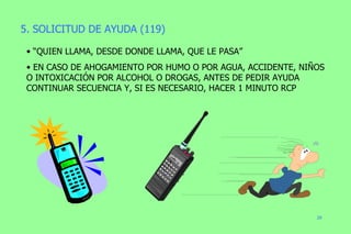 5. SOLICITUD DE AYUDA (119) “ QUIEN LLAMA, DESDE DONDE LLAMA, QUE LE PASA” EN CASO DE AHOGAMIENTO POR HUMO O POR AGUA, ACCIDENTE, NIÑOS O INTOXICACIÓN POR ALCOHOL O DROGAS, ANTES DE PEDIR AYUDA CONTINUAR SECUENCIA Y, SI ES NECESARIO, HACER 1 MINUTO RCP 