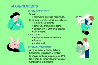 SI ESTÁ CONSCIENTE: Si tose: estimular a que siga haciéndolo. Si no tose ni emite ruidos respiratorios: inclinar hacia delante poner una mano en el pecho golpear con la otra en la espalda dar 5 golpes Si no cede: aplicar maniona de Heimlich 5 veces ir alternando SI ESTÁ INCONSCIENTE: Abrir vía aérea y limpiar la boca. Comprobar respiración y ventilar. Si eficaz: continuar algoritmo de SVB No eficaz: 30 compresiones y ventilar Continuar si es necesario ATRAGANTAMIENTO 