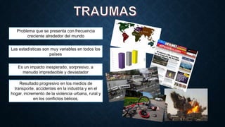 Problema que se presenta con frecuencia
creciente alrededor del mundo
Las estadísticas son muy variables en todos los
países
Es un impacto inesperado, sorpresivo, a
menudo impredecible y devastador

Resultado progresivo en los medios de
transporte, accidentes en la industria y en el
hogar, incremento de la violencia urbana, rural y
en los conflictos bélicos.

 