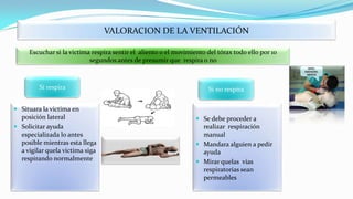 VALORACION DE LA VENTILACIÓN
Escuchar si la victima respira sentir el aliento o el movimiento del tórax todo ello por 10
segundos antes de presumir que respira o no

Si respira
 Situara la victima en
posición lateral

 Solicitar ayuda
especializada lo antes
posible mientras esta llega
a vigilar quela victima siga
respirando normalmente

Si no respira

 Se debe proceder a

realizar respiración
manual
 Mandara alguien a pedir
ayuda
 Mirar quelas vías
respiratorias sean
permeables

 