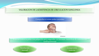 VALORACION DE LAEXISTENCIA DE CIRCULACION SANGUINEA

Comprobar si existe pulso carotideo

Si no se evidencia pulso tras palpación por5 segundos se iniciaran maniobras de resucitación
cardiopulmonar
Ventilación
manual

Compresión
torácica

 