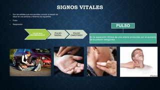 SIGNOS VITALES
•

Son las señales que nos permiten conocer el estado de
salud de una persona y tenemos los siguientes

•

Pulso

•

Respiración

PULSO
PULSO MAS
RECOMENDADOS

PULSO
RADIAL

PULSO
CAROTIDEO

Es la expansión rítmica de una arteria producida por el aumento
de la presión sanguínea

 