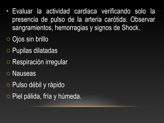 • Evaluar la actividad cardiaca verificando solo la
presencia de pulso de la arteria carótida. Observar
sangramientos, hemorragias y signos de Shock.
o Ojos sin brillo
o Pupilas dilatadas
o Respiración irregular
o Nauseas
o Pulso débil y rápido
o Piel pálida, fría y húmeda.
 