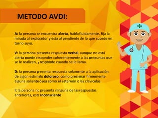 A: la persona se encuentra alerta, habla fluidamente, fija la
mirada al explorador y esta al pendiente de lo que sucede en
torno suyo.
V: la persona presenta respuesta verbal, aunque no está
alerta puede responder coherentemente a las preguntas que
se le realicen, y responde cuando se le llama.
D: la persona presenta respuesta solamente a la aplicación
de algún estímulo doloroso, como presionar firmemente
alguna saliente ósea como el esternón o las clavículas.
I: la persona no presenta ninguna de las respuestas
anteriores, está Inconsciente
METODO AVDI:
 