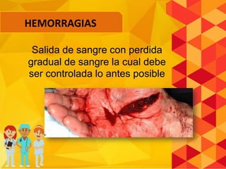 Salida de sangre con perdida
gradual de sangre la cual debe
ser controlada lo antes posible
HEMORRAGIAS
 
