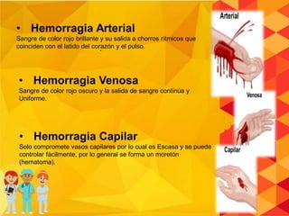 .
• Hemorragia Arterial
Sangre de color rojo brillante y su salida a chorros rítmicos que
coinciden con el latido del corazón y el pulso.
• Hemorragia Venosa
Sangre de color rojo oscuro y la salida de sangre continúa y
Uniforme.
• Hemorragia Capilar
Solo compromete vasos capilares por lo cual es Escasa y se puede
controlar fácilmente, por lo general se forma un moretón
(hematoma).
 