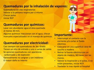 Quemaduras por la inhalación de vapores:
Quemaduras en vías respiratorias
Valorar si la persona respira por si misma
Checar pulso
Iniciar RCP
Quemaduras por químicos:
Lavar con abundante agua el área quemada
al menos 30 min.
Algunos químicos reaccionan con el agua, checar
manuales especializados en el manejo de químicos.
Quemaduras por electricidad:
Casi siempre son quemaduras de 3er. Grado
Tienen un sitio de entrada y uno o varios de salida
Se aprecian quemaduras con apariencia
carbonizada y de explosión
Generalmente no sangran y son indoloras
El mayor daño es interno
Importante:
• Interrumpir el contacto con la
corriente y/o cortar el fluido
eléctrico.
• Colocarse en una superficie seca de
caucho o madera.
• Retirar la fuente eléctrica con un
objeto de madera, NO tocar con las
manos.
• Valorar la respiración y el pulso, si no
están presentes, iniciar RCP.
• Trasladar lo mas rápido al hospital
 