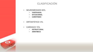 CLASIFICACIÓN
• NEUROMEDIADO 60%
• VASOVAGAL
• SITUACIONAL
• CAROTIDEO
• ORTOSTÁTICO 6%
• CARDIACO 15%
• ESTRUCTURAL
• ARRITMICO
 