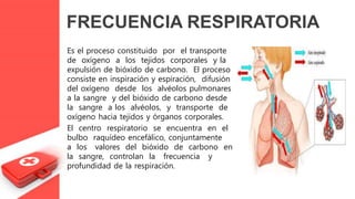 FRECUENCIA RESPIRATORIA
Es el proceso constituido por el transporte
de oxígeno a los tejidos corporales y la
expulsión de bióxido de carbono. El proceso
consiste en inspiración y espiración, difusión
del oxígeno desde los alvéolos pulmonares
a la sangre y del bióxido de carbono desde
la sangre a los alvéolos, y transporte de
oxígeno hacia tejidos y órganos corporales.
El centro respiratorio se encuentra en el
bulbo raquídeo encefálico, conjuntamente
a los valores del bióxido de carbono en
la sangre, controlan la frecuencia y
profundidad de la respiración.
 
