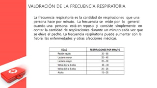VALORACIÓN DE LA FRECUENCIA RESPIRATORIA
La frecuencia respiratoria es la cantidad de respiraciones que una
persona hace por minuto. La frecuencia se mide por lo general
cuando una persona está en reposo y consiste simplemente en
contar la cantidad de respiraciones durante un minuto cada vez que
se eleva el pecho. La frecuencia respiratoria puede aumentar con la
fiebre, las enfermedades y otras afecciones médicas.
 