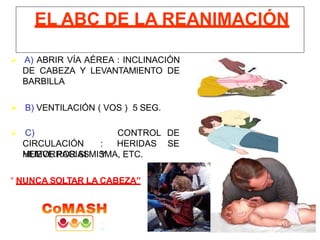  A) ABRIR VÍA AÉREA : INCLINACIÓN
DE CABEZA Y LEVANTAMIENTO DE
BARBILLA
 B) VENTILACIÓN ( VOS ) 5 SEG.
 C)
CIRCULACIÓN :
HEMORRAGIAS Y
CONTROL DE
HERIDAS SE
MUEVE POR SI MISMA, ETC.
“ NUNCA SOLTAR LA CABEZA”
EL ABC DE LA REANIMACIÓN
 