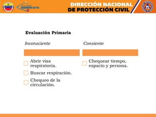 Inconsciente
Abrir vías
respiratoria.
Buscar respiración.
Chequeo de la
circulación.
Consiente
Chequear tiempo,
espacio y persona.
Evaluación Primaria
 