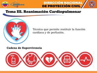 Tema III. Reanimación Cardiopulmonar
Técnica que permite restituir la función
cardíaca y de perfusión.
Cadena de Supervivencia
 