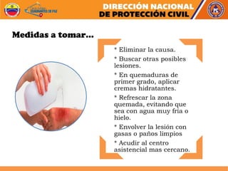 * Eliminar la causa.
* Buscar otras posibles
lesiones.
* En quemaduras de
primer grado, aplicar
cremas hidratantes.
* Refrescar la zona
quemada, evitando que
sea con agua muy fría o
hielo.
* Envolver la lesión con
gasas o paños limpios
* Acudir al centro
asistencial mas cercano.
Medidas a tomar…
 